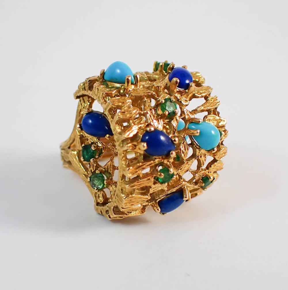 Appraisal: EIGHTEEN KARAT GOLD RING WITH LAPIS EMERALD AND TURQUOISE The