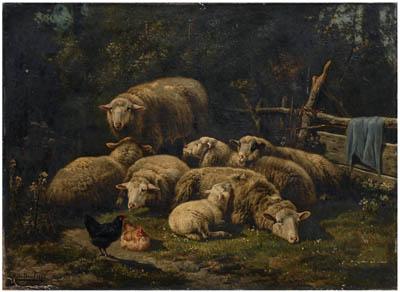 Appraisal: Henri DeBuel painting Belgian th century sheep with chickens resting