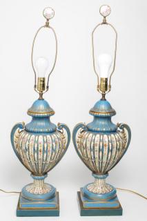 Appraisal: Sevres Porcelain Neoclassical Urn Lamps Sevres porcelain ribbed urns pair