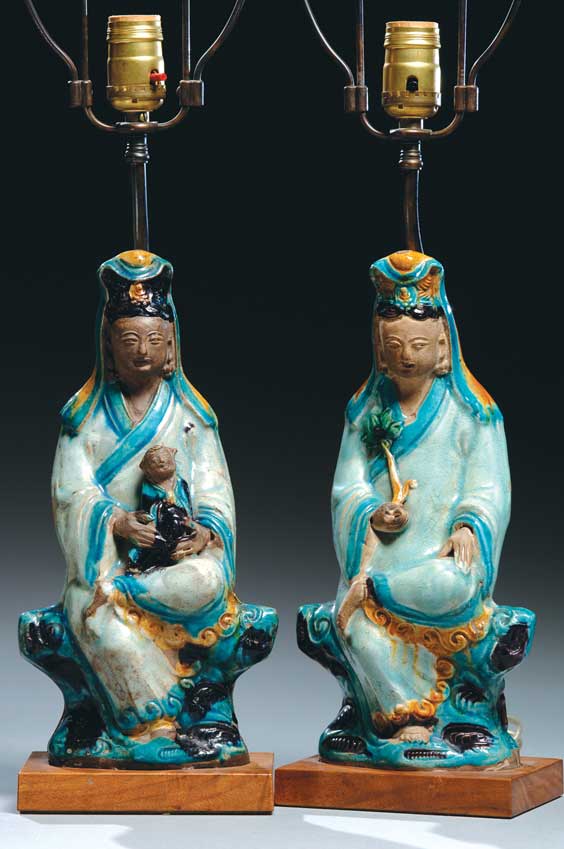 Appraisal: PAIR MING GLAZED POTTERY GUANYIN Pair Chinese Ming Dynasty Fahua-type