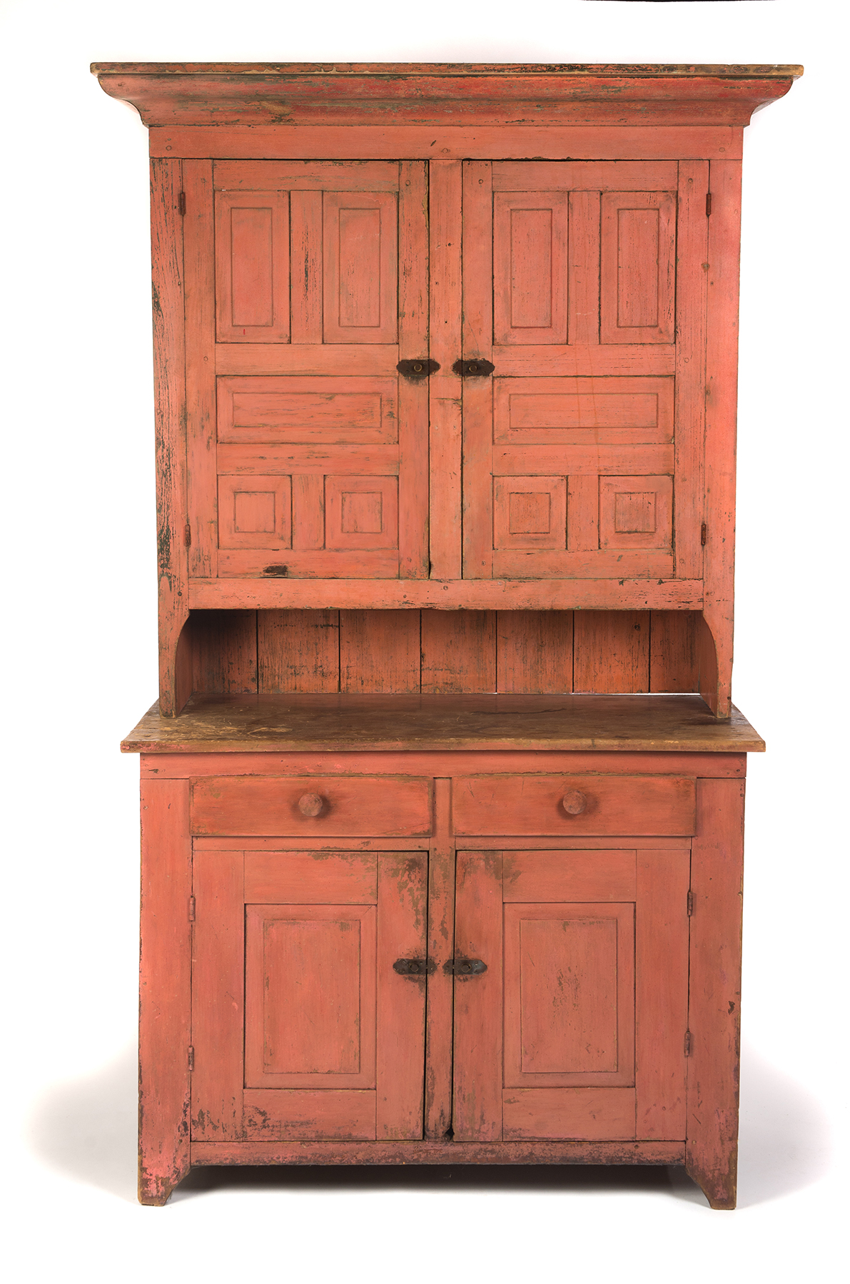 Appraisal: AMERICAN PAINTED STEPBACK CUPBOARD Ca - pine Two-piece cupboard with