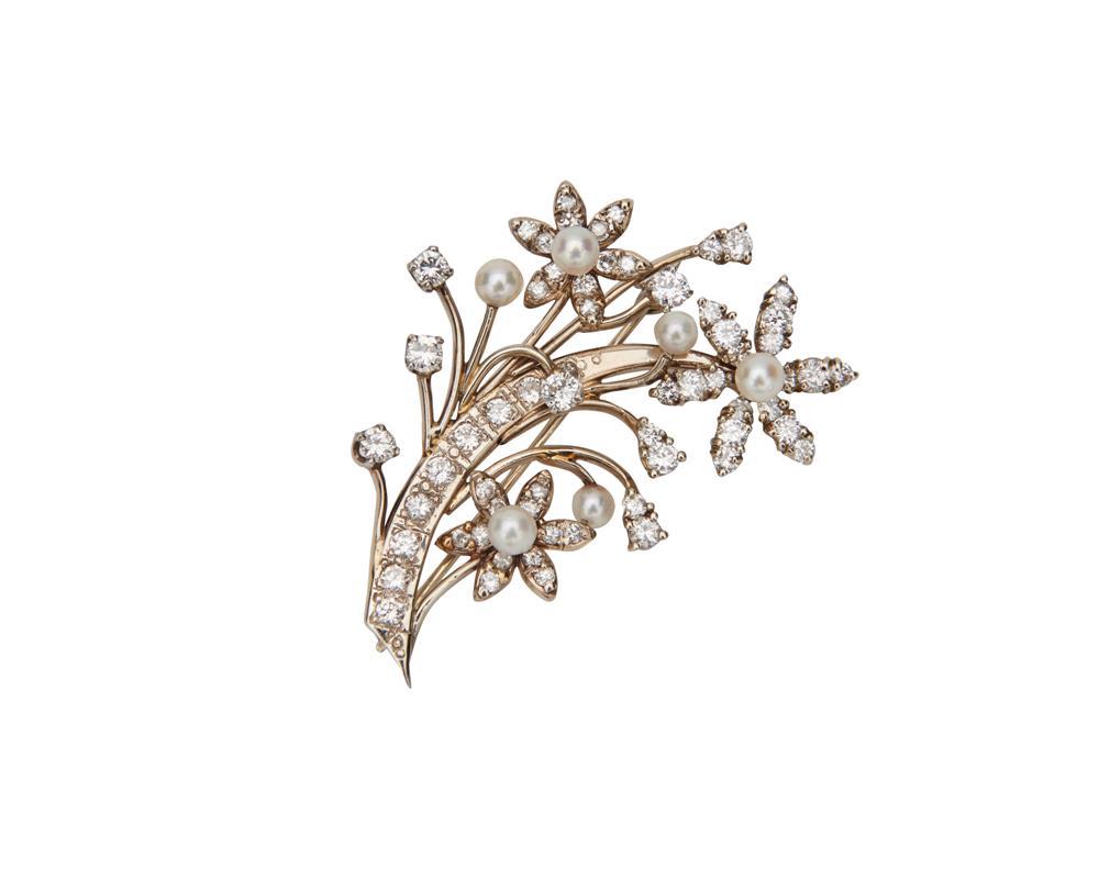 Appraisal: K Gold Diamond and Pearl Brooch the floral-form spray brooch