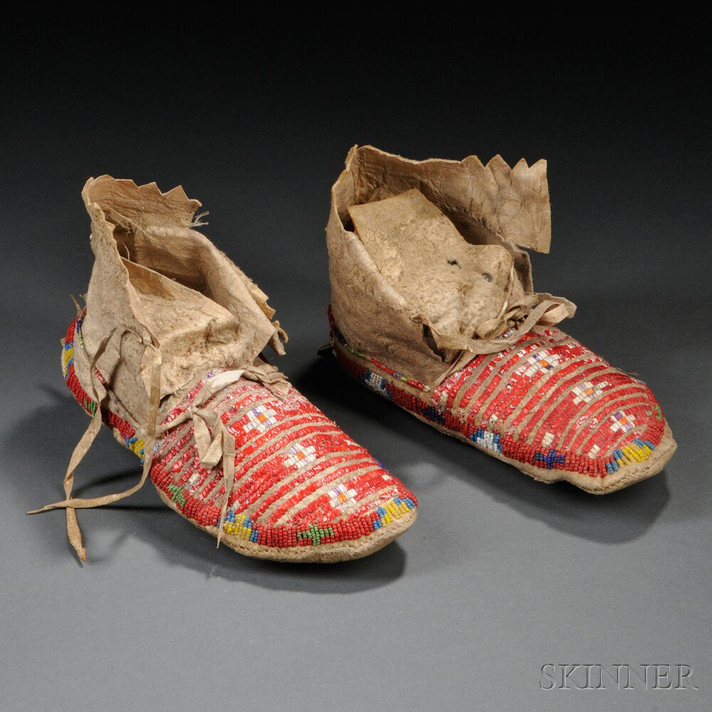 Appraisal: Pair of Plains Beaded and Quilled Hide Moccasins c early