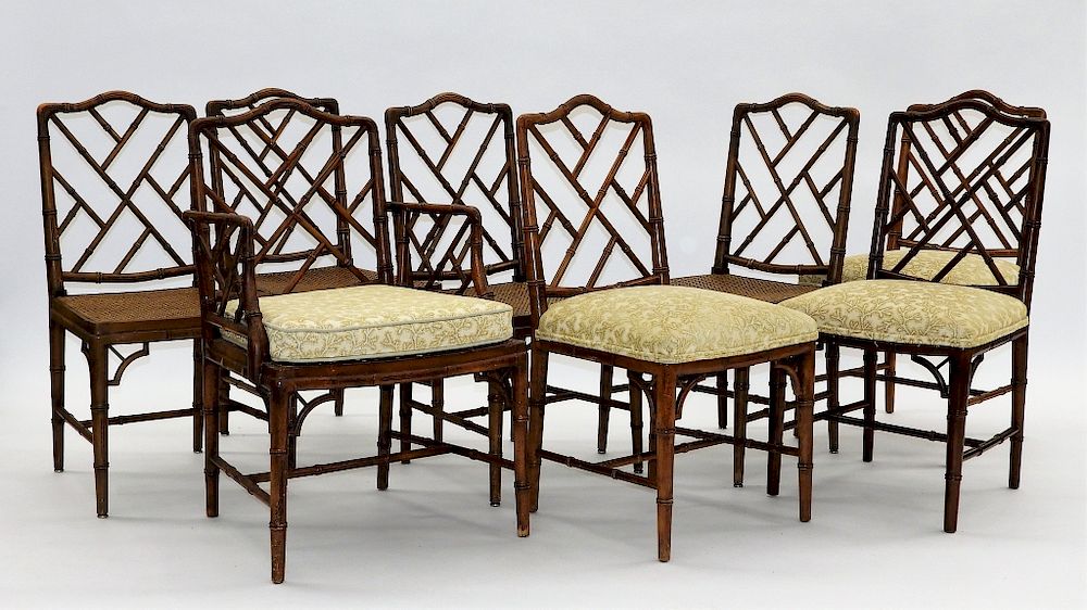 Appraisal: Set Faux Bamboo Caned Chippendale Style Chairs United States Early