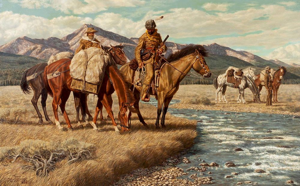 Appraisal: Joe Grandee American b Pioneers on Horseback at a Stream