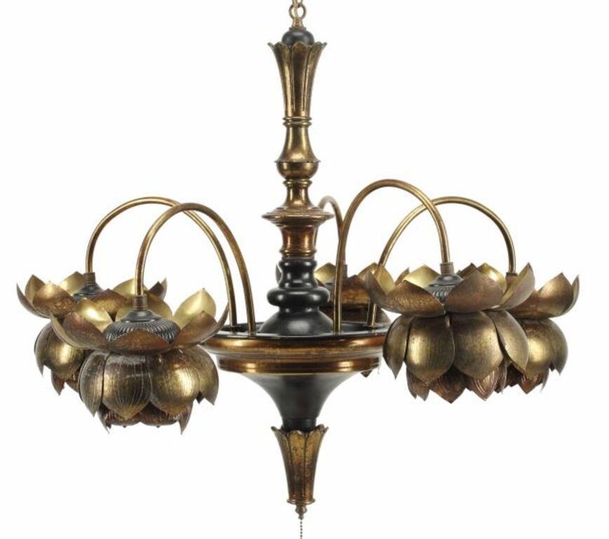 Appraisal: WOOD BRASS LOTUS BLOSSOM FIVE-LIGHT CHANDELIERBrass and wood five-light chandelier