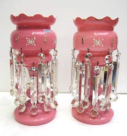 Appraisal: PAIR VICTORIAN GLASS LUSTRES hand enameled pink exterior with white