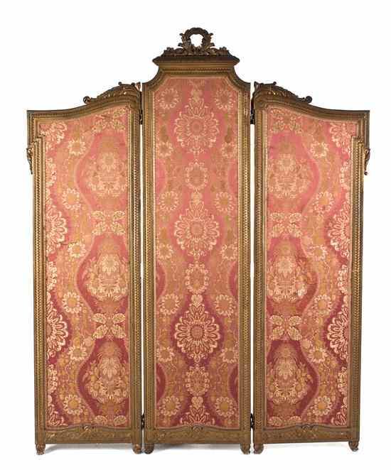 Appraisal: A Louis XVI Style Beechwood Three-Panel Floor Screen having a