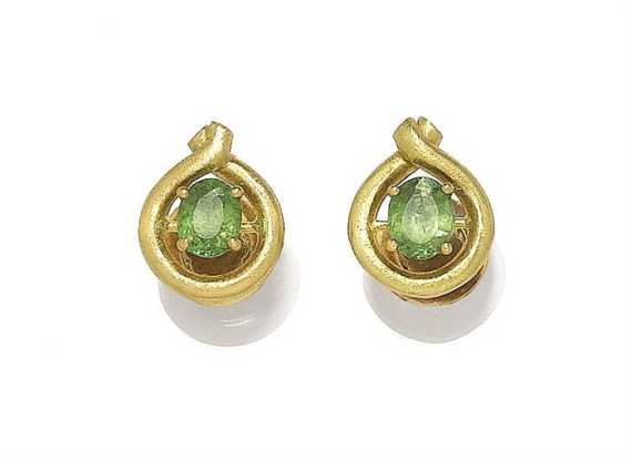 Appraisal: DEMANTOID STUD EARRINGS Yellow gold Decorative round and matte-finish stud