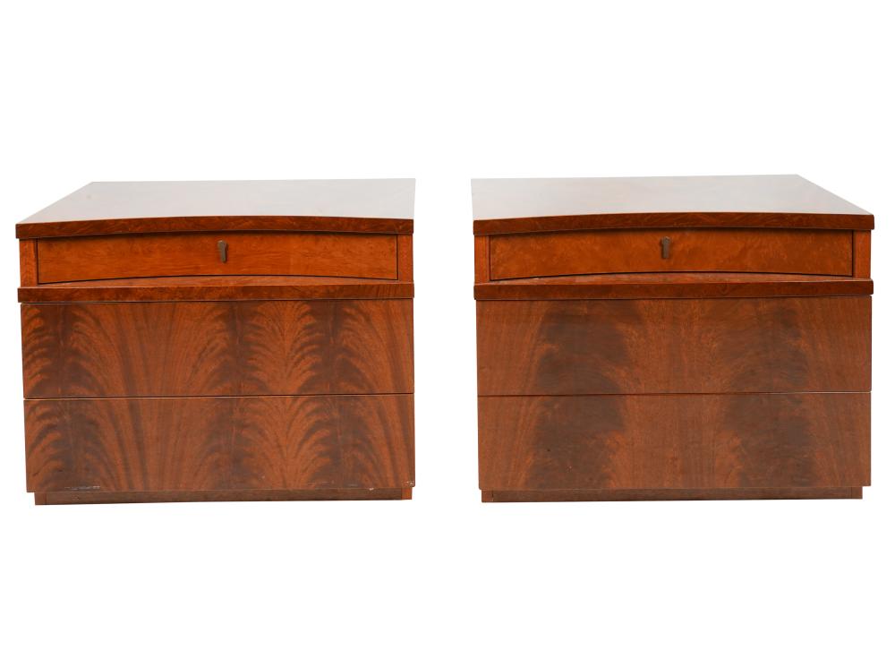 Appraisal: PAIR OF ITALIAN FLAME MAHOGANY NIGHTSTANDSstamped Made in Italy to