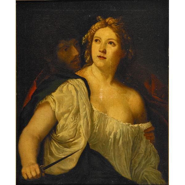 Appraisal: DAGGER SCENE PORTRAIT Oil on canvas of woman with man