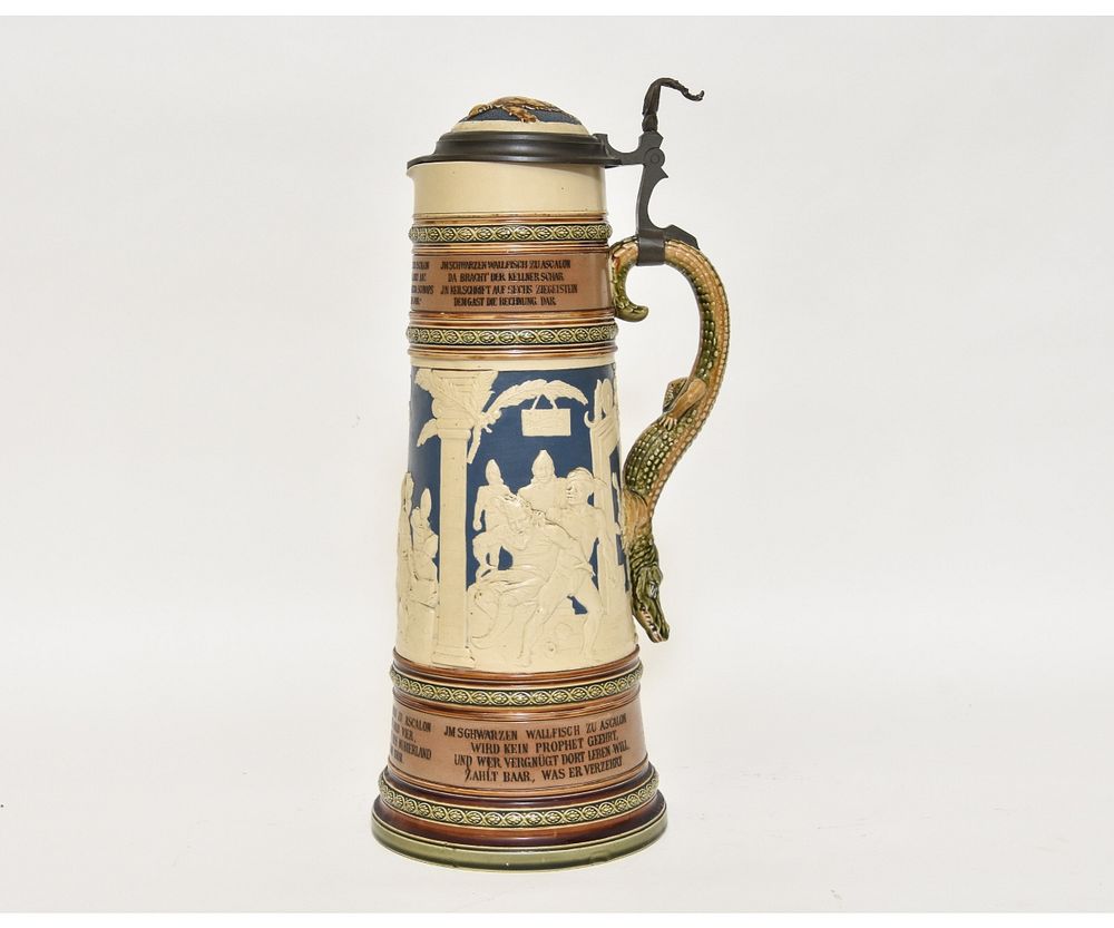 Appraisal: Mettlach Stein Large porcelain Mettlach stein Im Schwarzen Walfisch zu