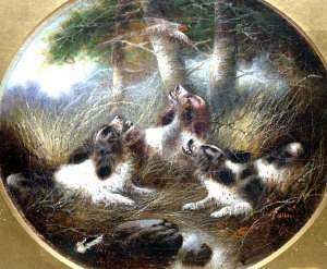 Appraisal: George Armfield - - Spaniels with a pheasant in woodland