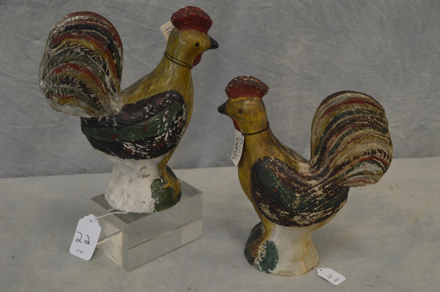 Appraisal: Pair of chalkware roosters rare large size original polychrome surface