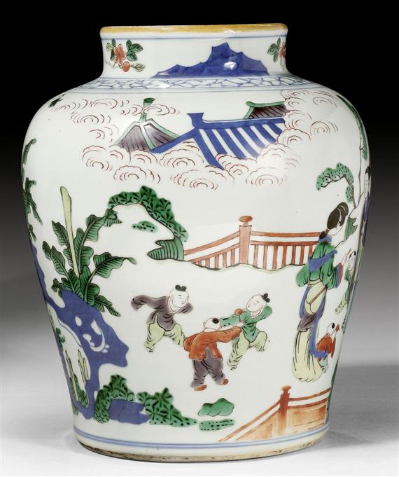 Appraisal: A WUCAI JAR DECORATED WITH LADIES AND PLAYING CHILDREN China