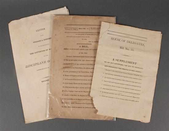 Appraisal: Maryland militia Three original printed documents including House of Delegates