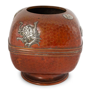 Appraisal: An American Japonesque Hammered Copper Vase with Silver Mounts Gorham