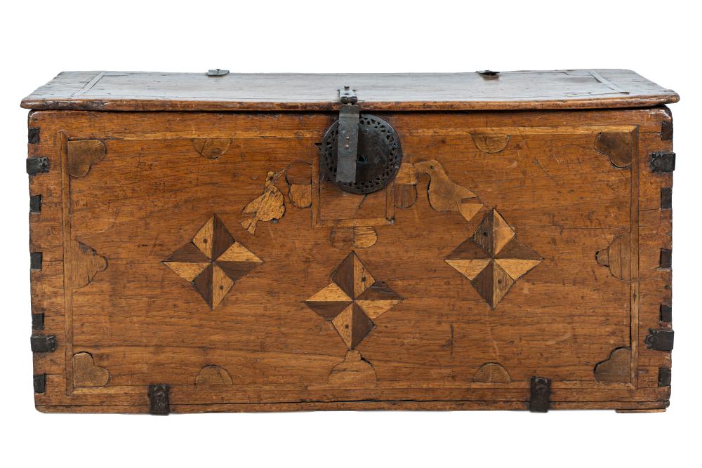 Appraisal: COLONIAL IRON-BOUND INLAID WOOD TRUNKthe hinged lid concealing an unlined