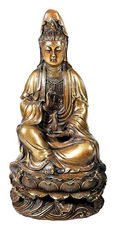 Appraisal: Tibetan Bronze Guanyin seated on an elaborate double lotus base