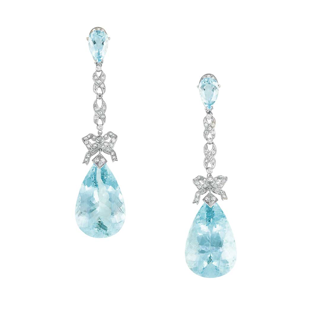 Appraisal: Pair of White Gold Aquamarine and Diamond Pendant-Earrings pear-shaped aquamarines