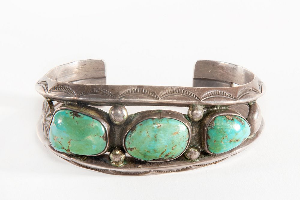 Appraisal: A Navajo Three Stone Turquoise and Silver Cuff Bracelet ca