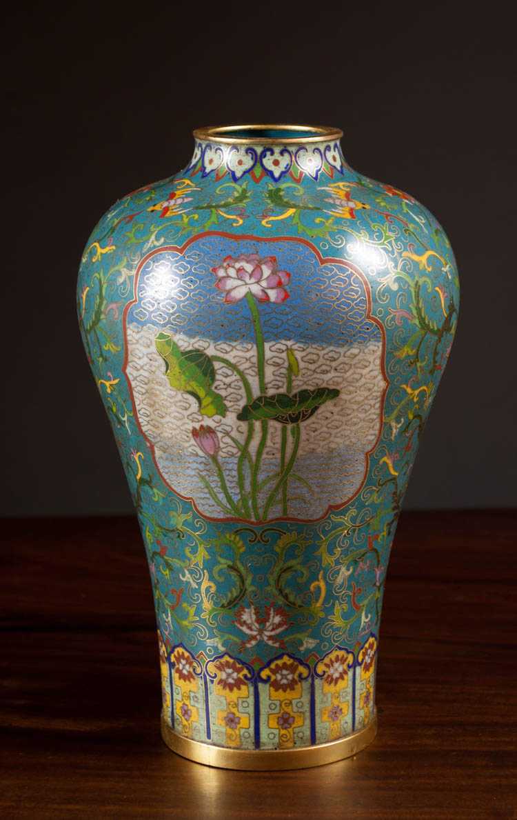 Appraisal: CHINESE REPUBLIC CLOISONNE VASE meiping form featuring reserves of aquatic