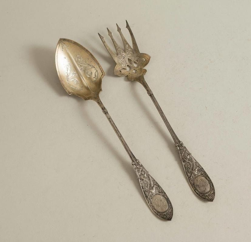 Appraisal: Silver Salad Set Arabesque A two piece silver salad serving