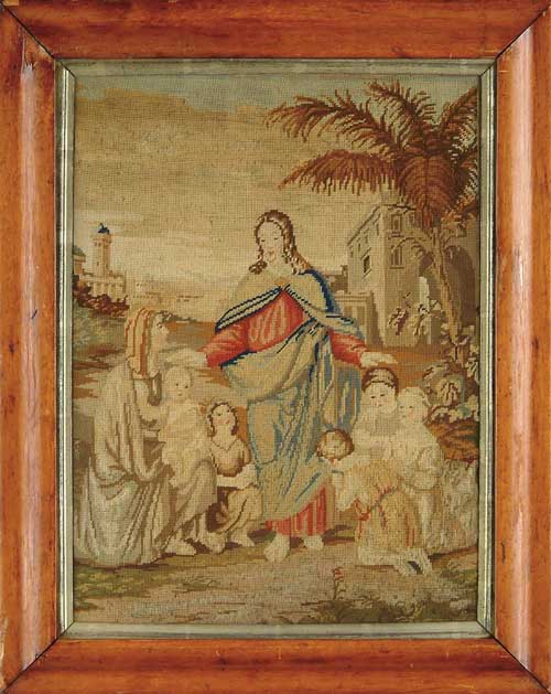 Appraisal: ENGLISH NEEDLEWORK PICTURE Religious theme with Jesus and family Buildings