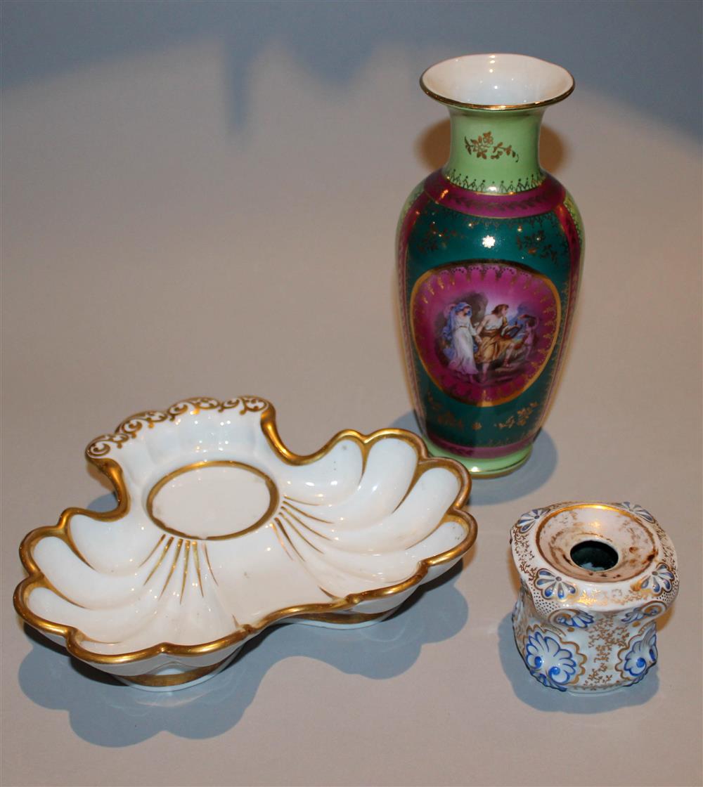 Appraisal: HAIDINGER CERAMIC INKWELL AND GILT-DECORATED CZECHOSLOVAKIAN VASE the two-part inkwell