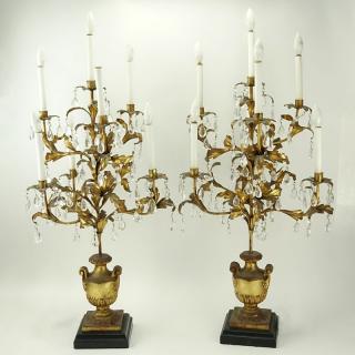 Appraisal: Pair of Gilt Carved Wood and Tole Candelabras Lamps with