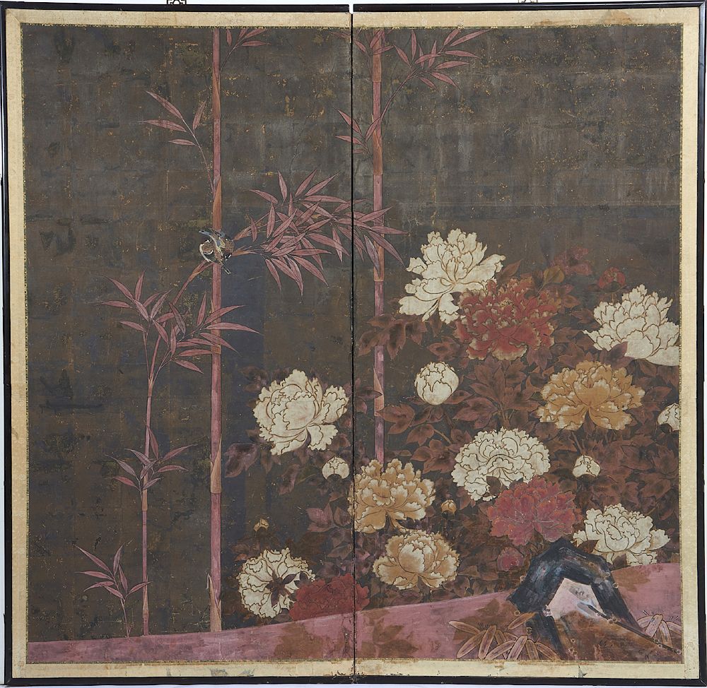 Appraisal: Two panel Japanese screen Kano School Two panel Japanese Kano