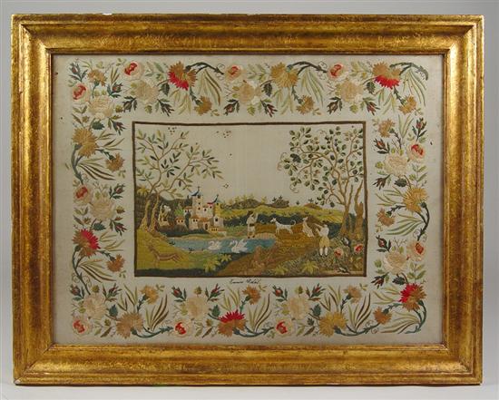 Appraisal: Early European Embroidery Pictorial needlework landscape surrounded by a polychrome