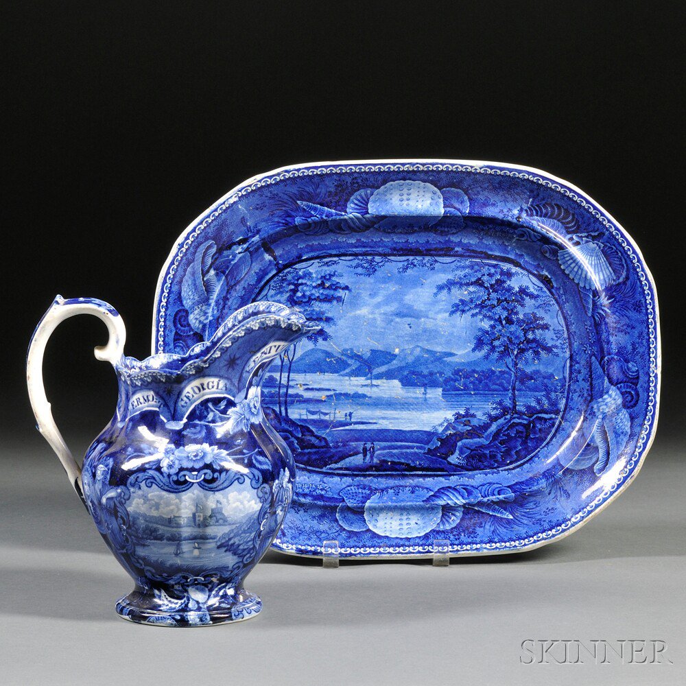 Appraisal: Blue Transfer-decorated Staffordshire Pottery Pitcher and Platter England early th