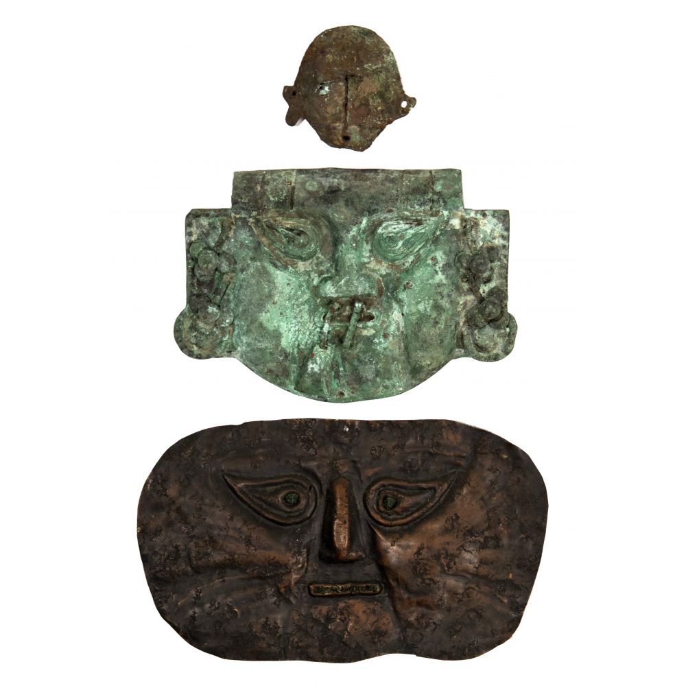 Appraisal: PRE-COLUMBIAN SICAN COPPER FUNERARY MASK ASSORTMENT items including having repousse