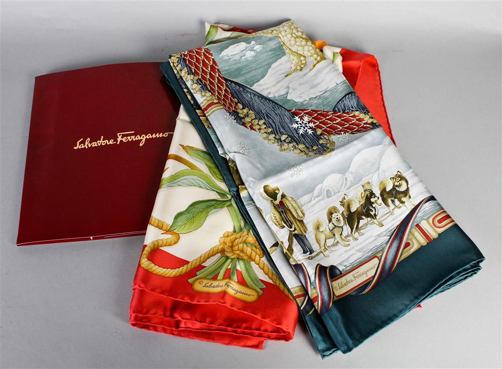 Appraisal: ECLECTIC COLLECTION OF SILK SCARVES including Ferragamo silk scarves flowers