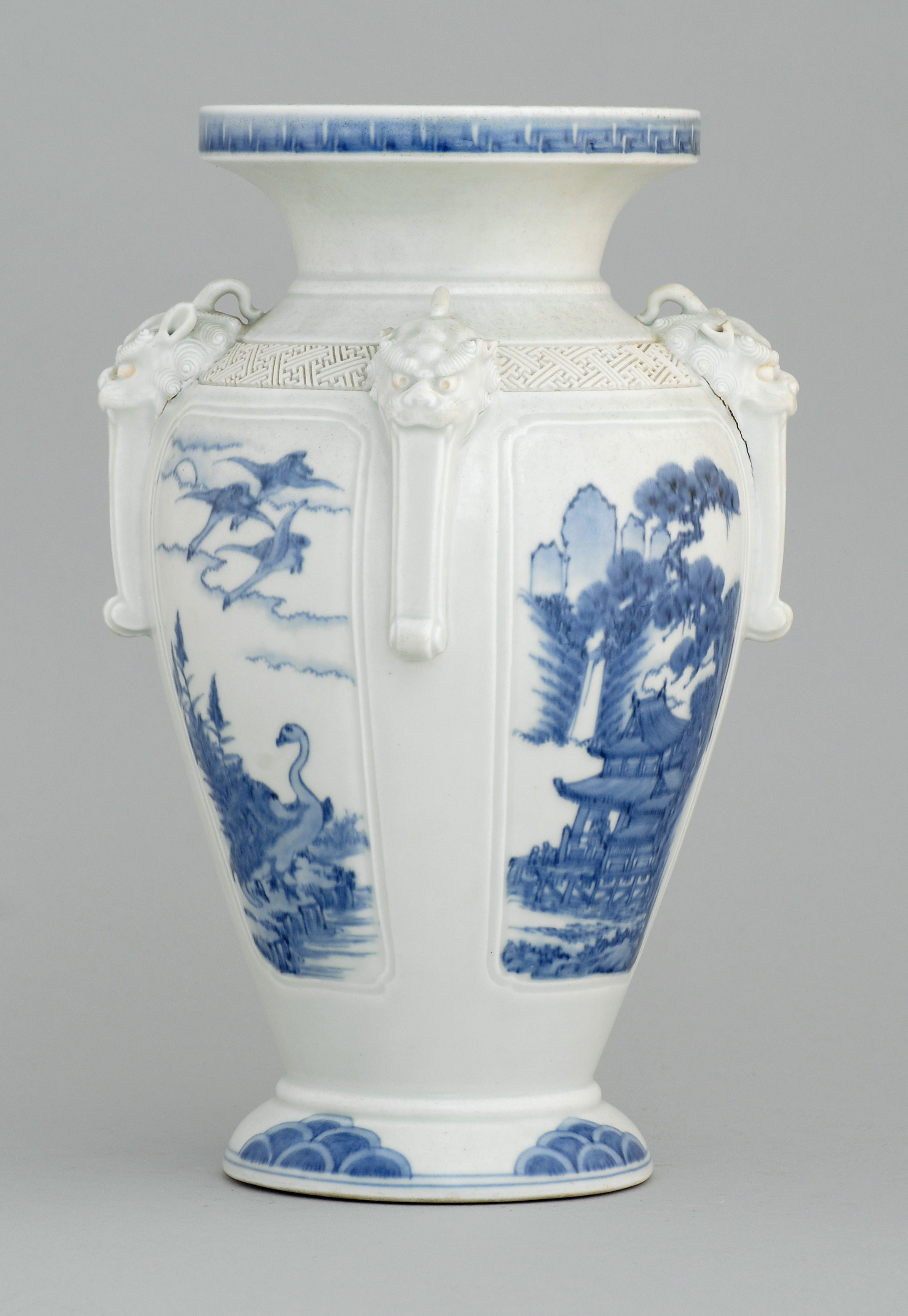 Appraisal: BLUE AND WHITE HIRADO PORCELAIN VASE Meiji PeriodWith lion's-head handles