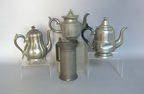 Appraisal: Three pewter teapots together with a litre measure