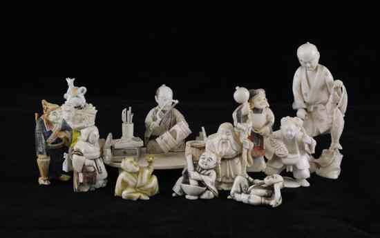 Appraisal: A group of five Japanese ivory figures and seven ivory