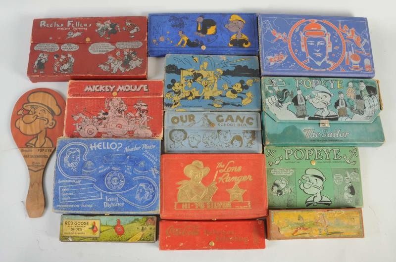 Appraisal: Large Lot of Character Pencil Boxes This group includes pencil