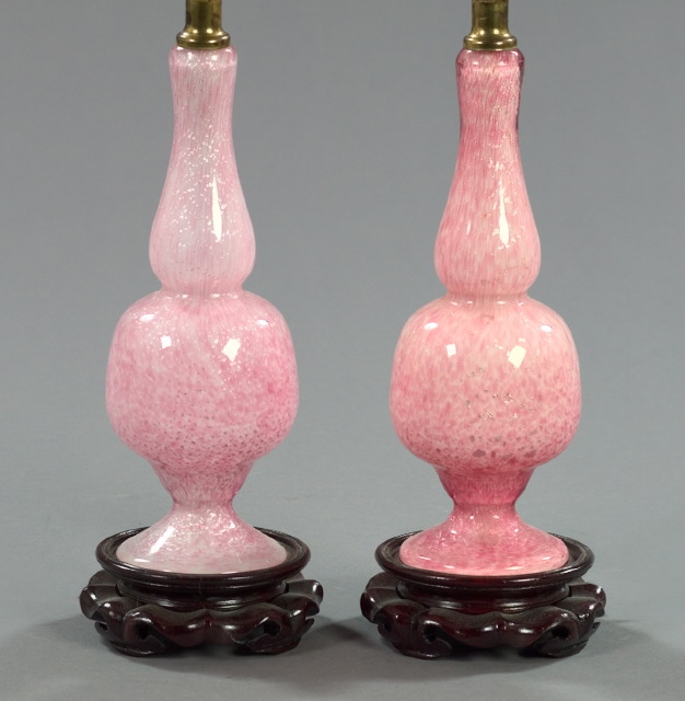 Appraisal: Pair of Murano Silver Leaf-Spangled Pale Pink Glass Garniture Vases