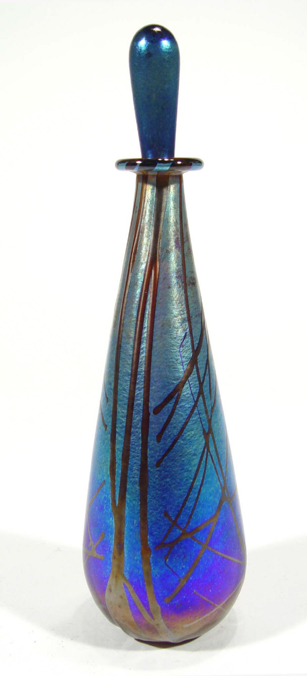 Appraisal: Siddly Langley Iridescent glass scent bottle and stopper of teardrop