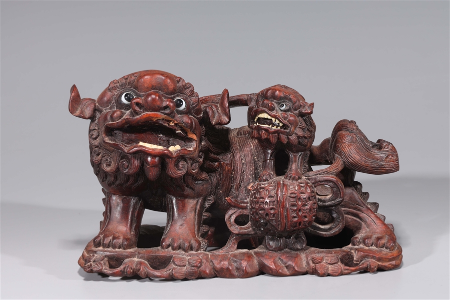 Appraisal: Chinese carved wooden foo lions statue some damage some losses