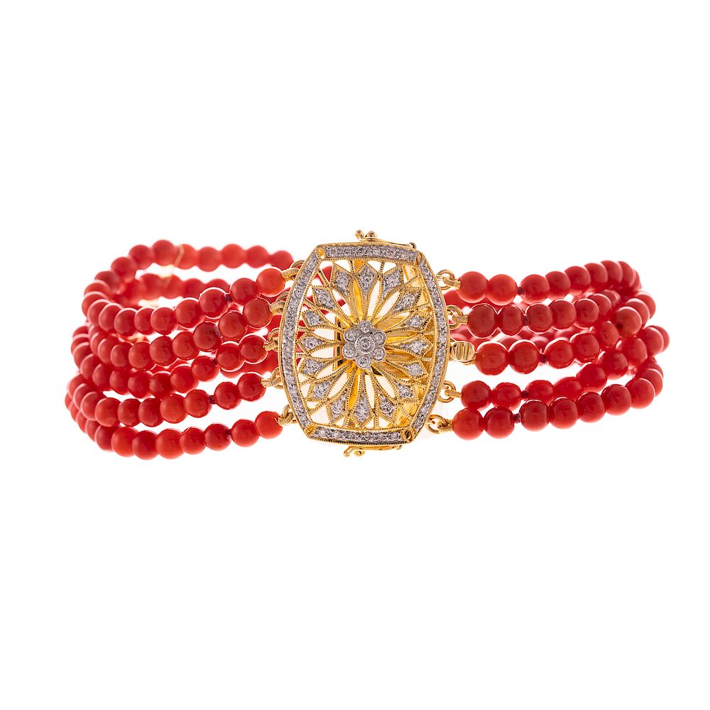 Appraisal: A Five Strand Coral Bracelet with Diamonds in k K