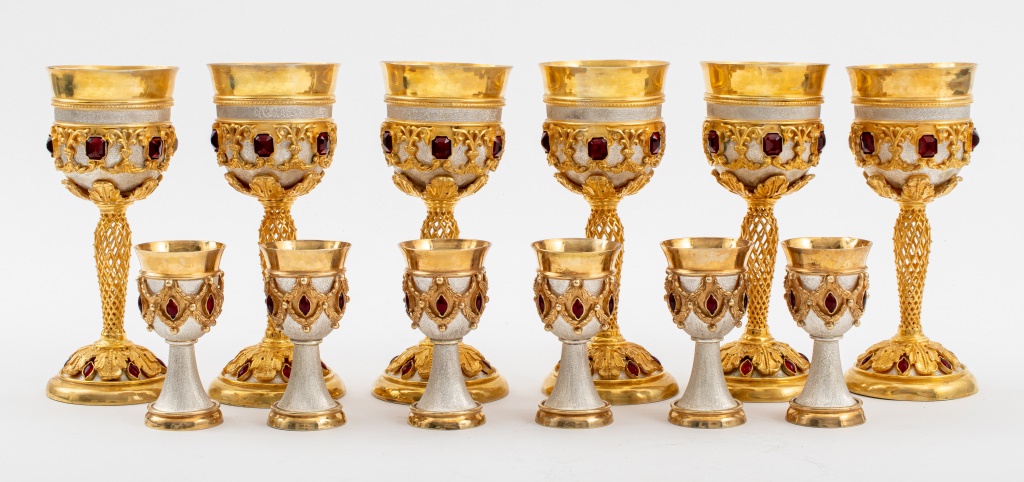 Appraisal: GOTHIC REVIVAL SIGNED HANDMADE GILT METAL CHALICES Set of twelve