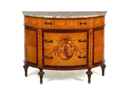 Appraisal: DEMILUNE MARQUETRY CONSOLE American th century Good detail and variegated