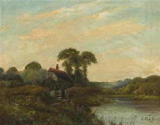 Appraisal: E Cole th th century House by Stream oil on