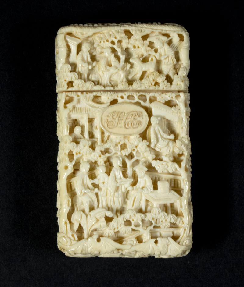 Appraisal: TH C CARVED IVORY FIGURAL CALLING CARD CASE WITH MONOGRAM