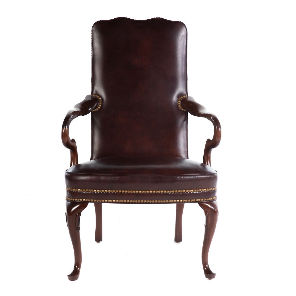 Appraisal: Hancock Moore Queen Anne Style Leather Arm Chair Mahogany frame