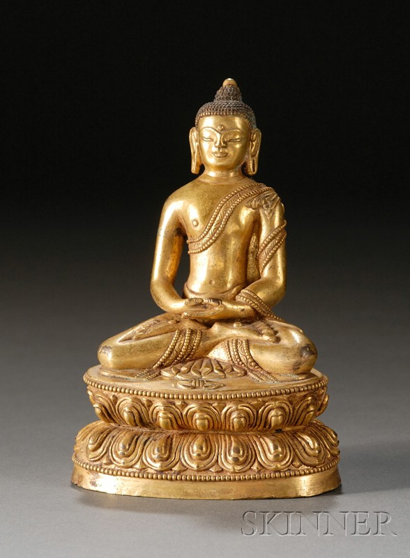 Appraisal: Gilt-bronze Maitreya Sino-Tibetan seated in full-lotus position headdress in the