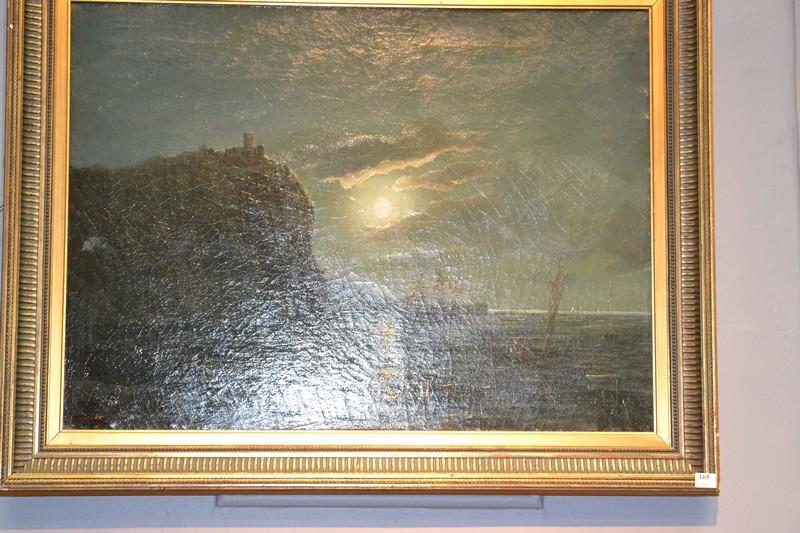 Appraisal: TH CENTURY MOONLIT SHIPPING SCENE OIL ON CANVAS SIGNED ILLEGIBLY